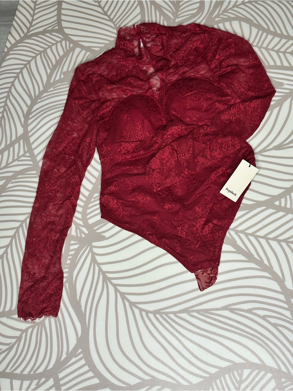 Popilush Red Lace Long-Sleeve Bodysuit with Sheer Floral Detail